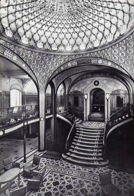 The late art nouveau grand staircase of the french line’s “Ville de paris” 1916.
