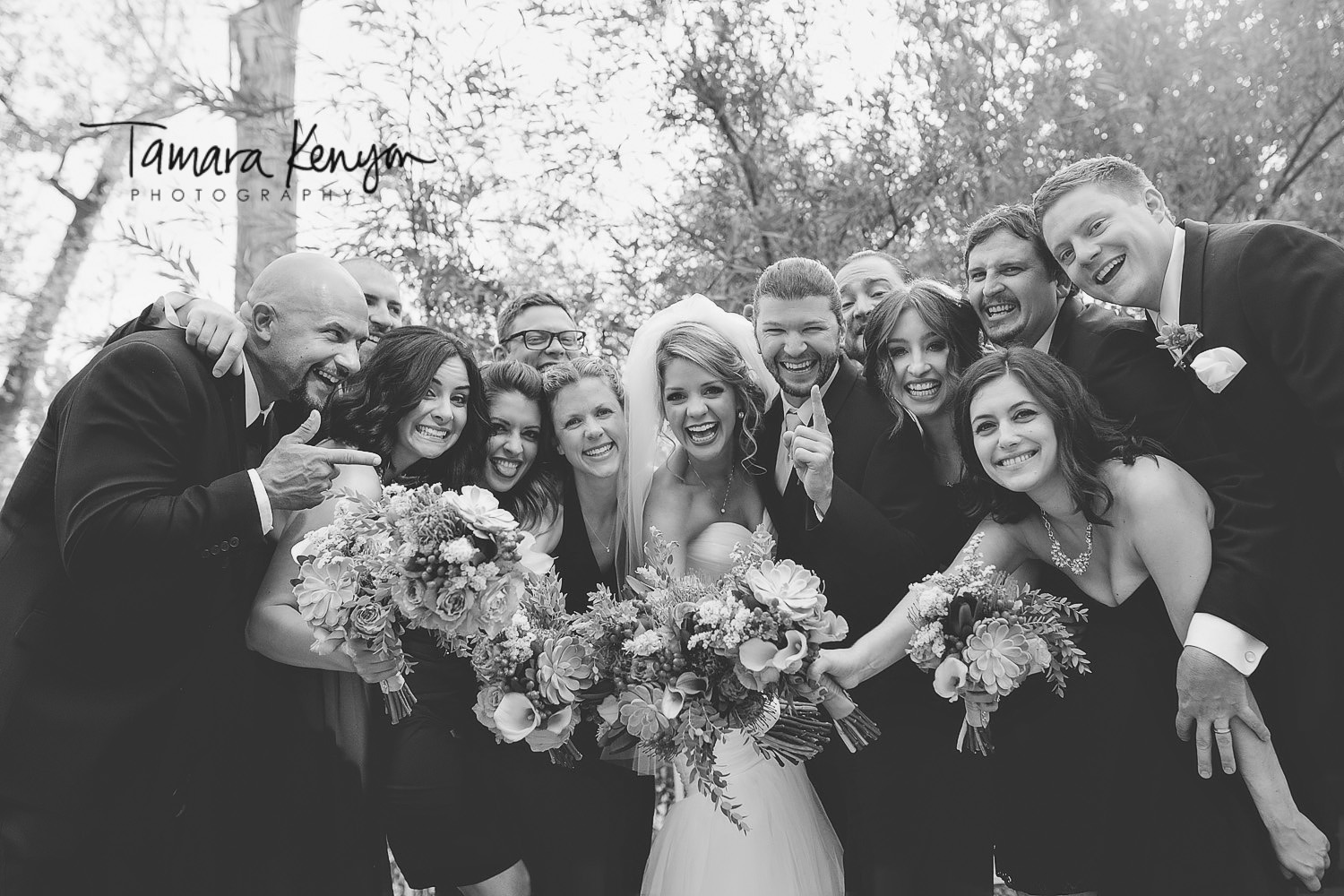 bridal party photo black and white