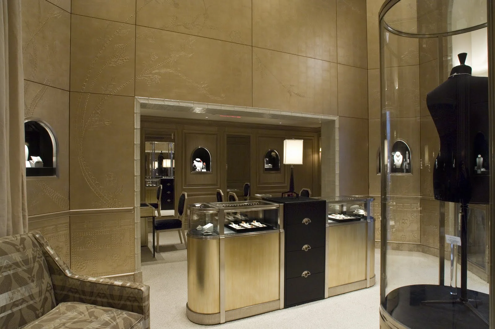 Embossed gilded wall panels by Osmundo Studio for Van Cleef &amp; Arpels 