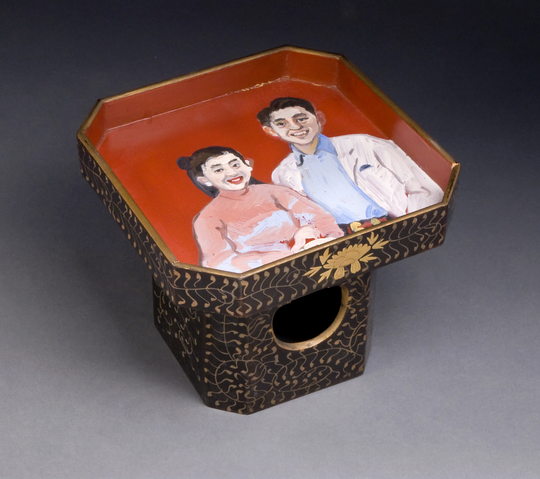"Marriage, Japan-style," oil on lacquered pedestal, 6.5" x 6.5" x 5", 1988