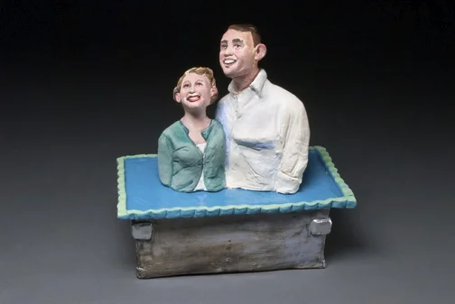 "Kate's Box," stoneware, glazes, acrylic, ink, 8" x 12," 2012