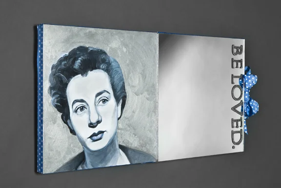 "Beloved," oil on panel, mirror, ribbon, 12" x 24," 2013