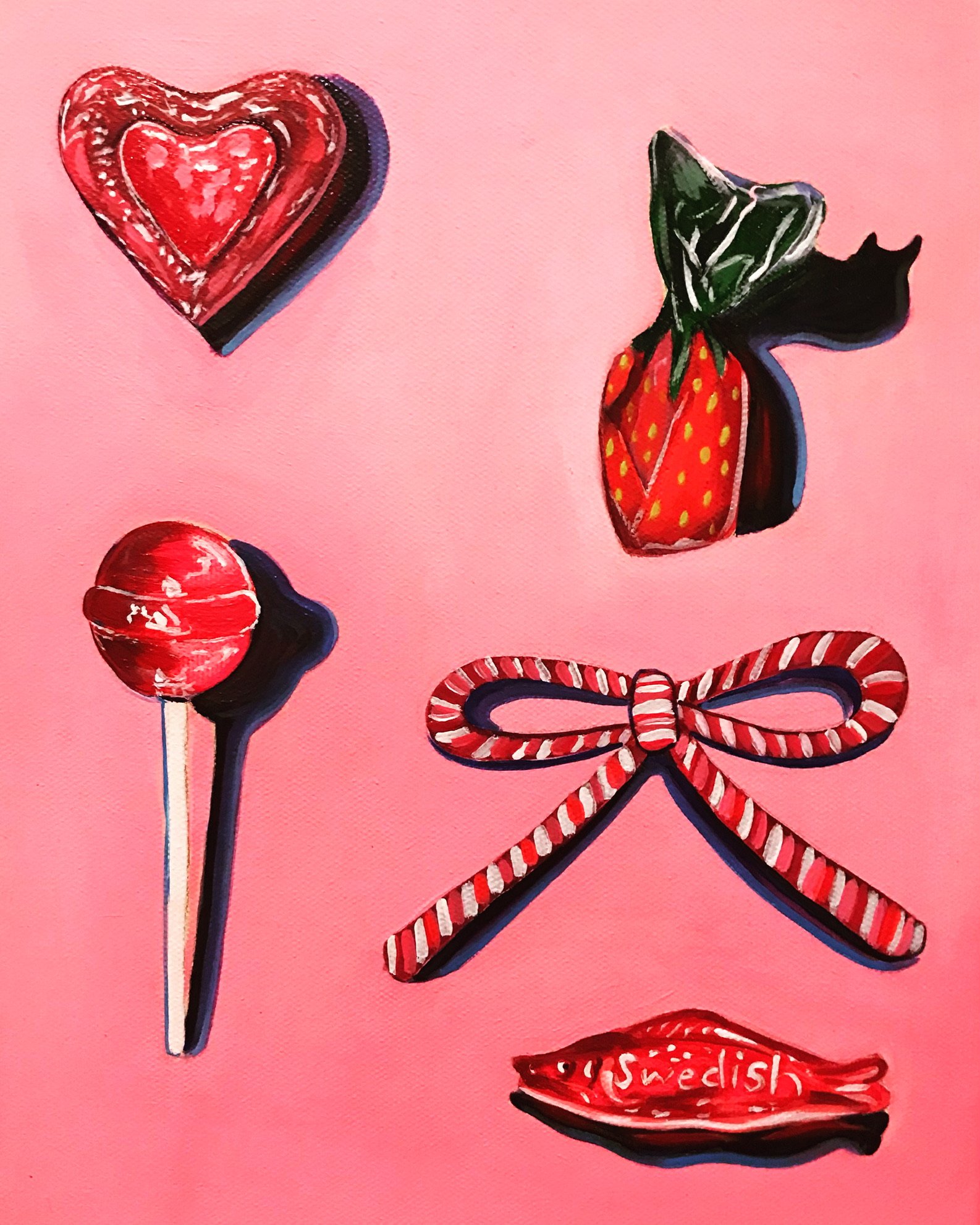 red study…with chocolate heart, strawberry candy,lollipop, yarn bow, and Swedish fish.