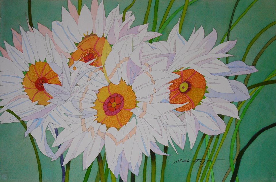 Four White Daisies on Green