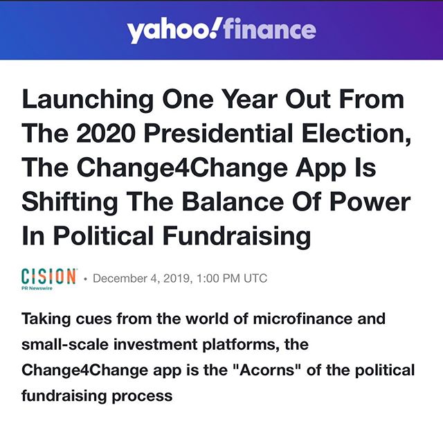 We are excited to announce the launch of Change4Change!

Change4Change is a mobile technology company that is revolutionizing political fundraising at the grassroots level. Built upon a dynamic technology stack, Change4Change is poised to change the 