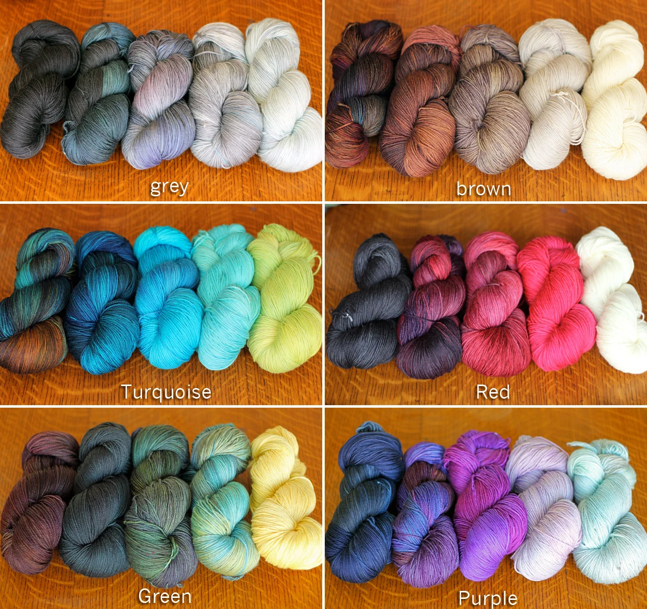 Grey : Charcoal, Stormy, Dove, Shadow, Chris Grey. Brown : Tartan, Chestnut, Stone, Sand, Natural. Turquoise : Aurora, Deep Sea, Peacock, Seabreeze, Lemongrass. Red : Charcoal, Velvet, Garnet, Royal Flush, Natural. Green : Truffle, Spruce, Olive, Lucky Penny, Gold. Purple : Midnight, Iris, Jewel, Lilac, Frost.