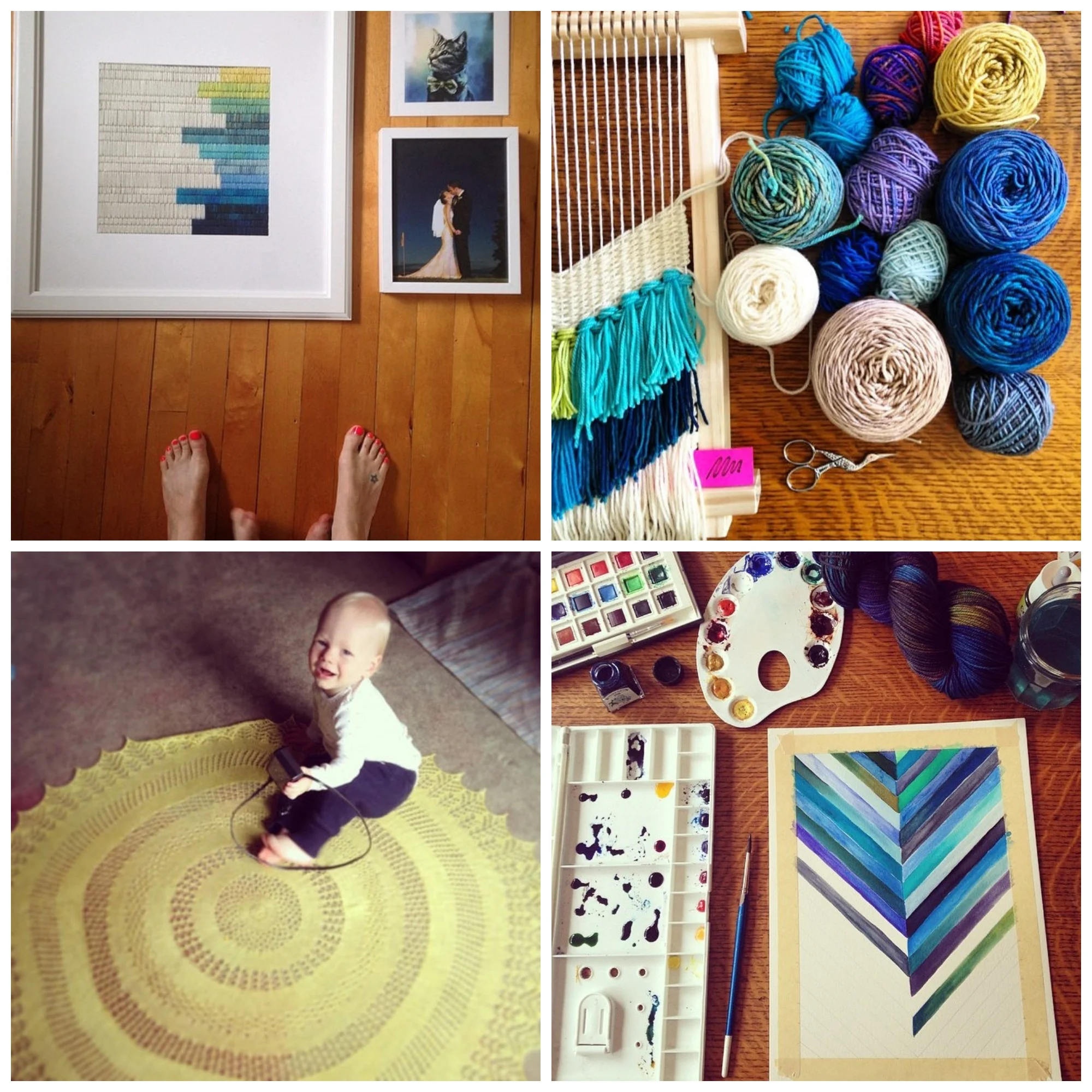 Clockwise from top left: art for my newly painted guest room wall, a weaving in progress, watercolour fun, Rowan sitting on a freshly blocked new lace-weight design - details to come!