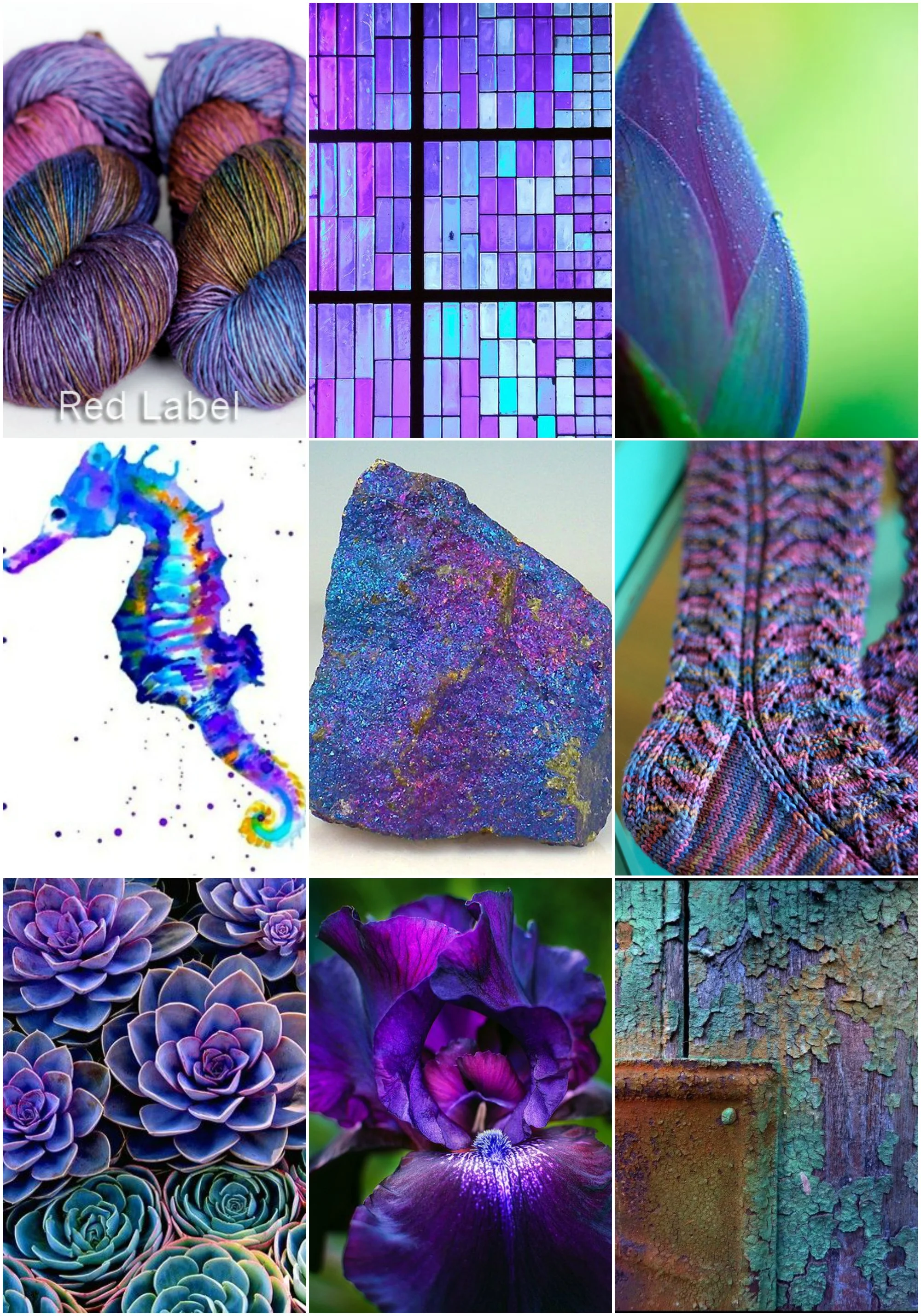 Sources, left to right, top to bottom: TFA Red Label, stained glass , flower head , seahorse , mineral , Patina socks , succulents , purple iris , rusted patina door .