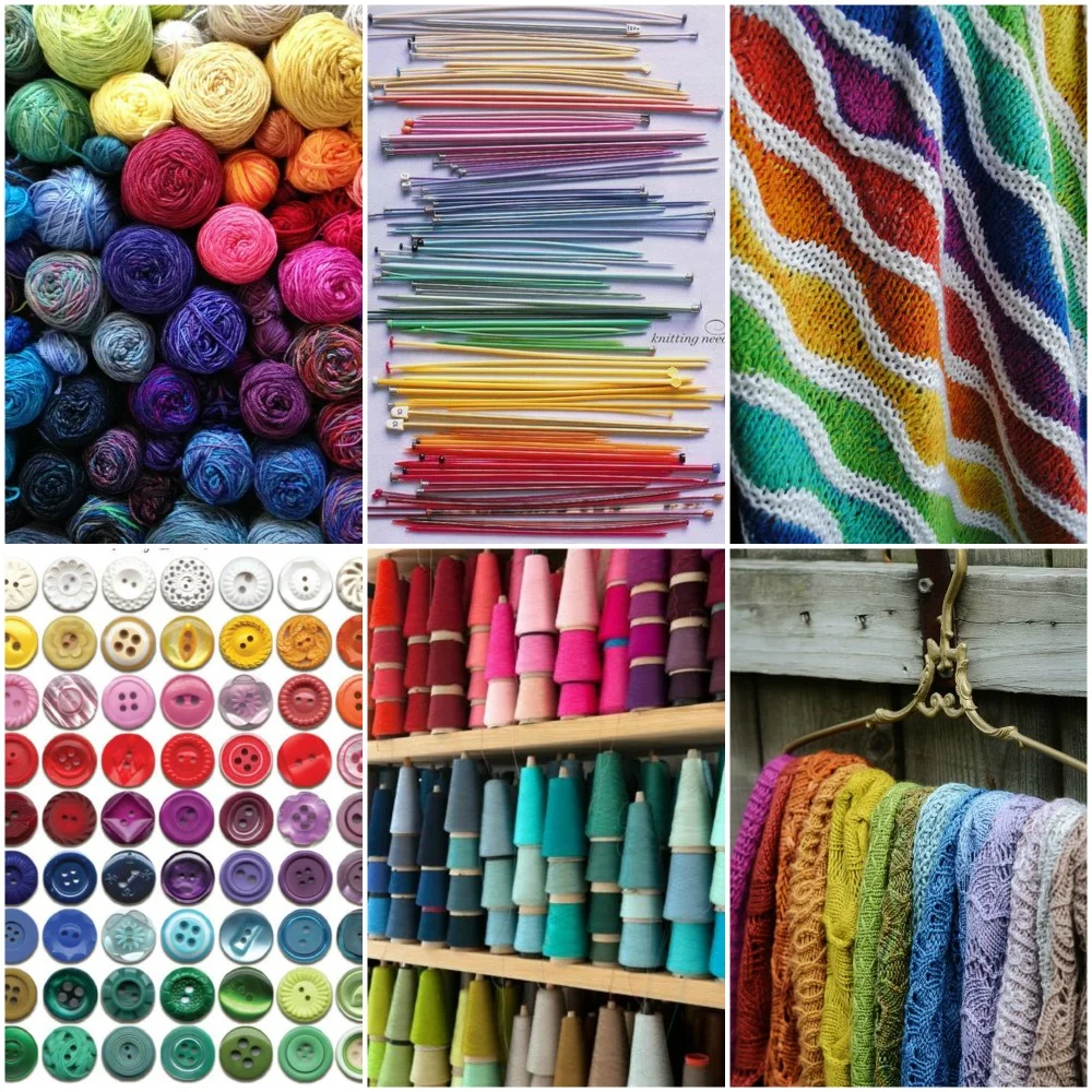 Sources, from top left: my sock yarn leftovers , knitting needles , lizard ridge afghan , buttons , spools of thread , Shawls .