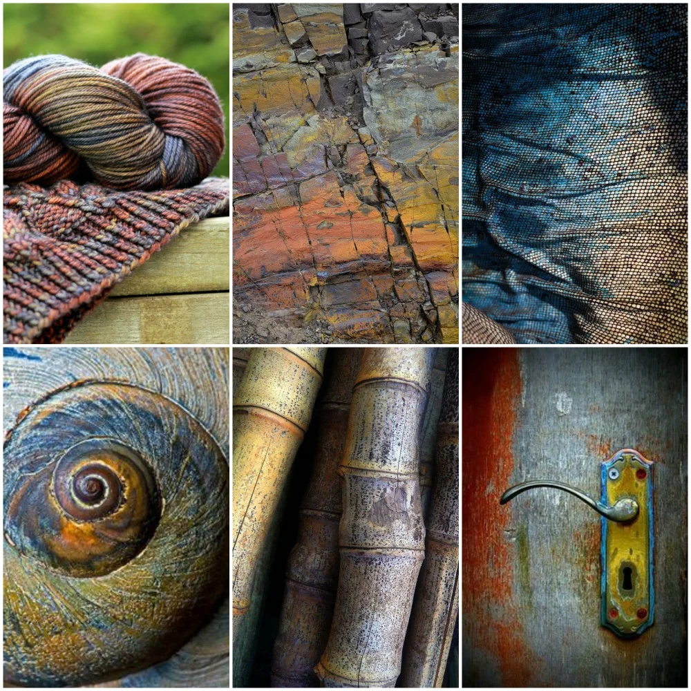 Sources from top left: TFA Orange Label in ' Mosaic ', stone wall , blue iguana skin , seashell , bamboo , door knob .