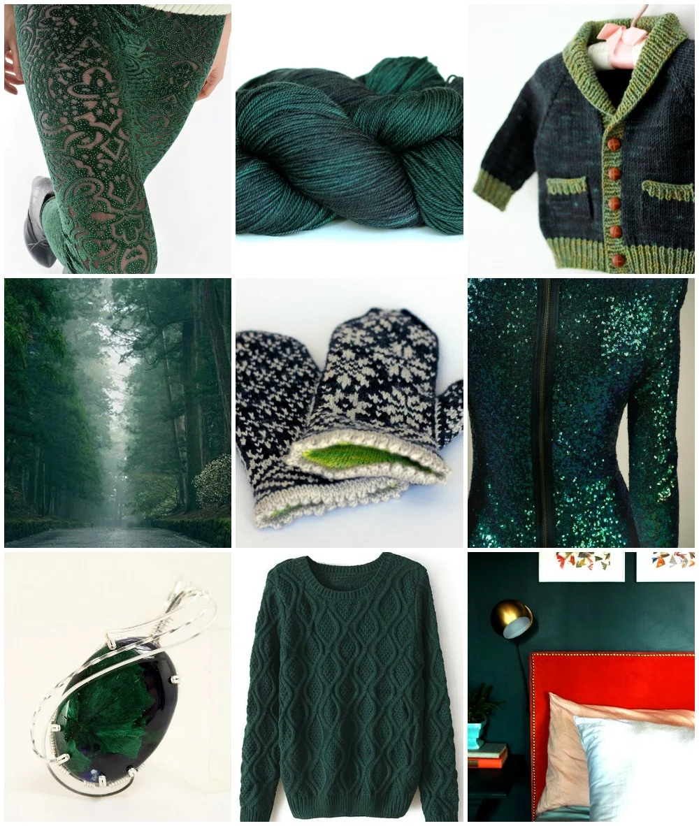 Sources, left to right, top to bottom: leggings , TFA Purple Label in Spruce , Gramps , tree lined road , Snowfling Mitts , sequinned dress , Gem , cabled sweater , green room .