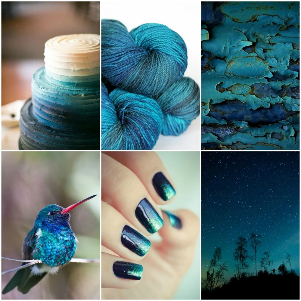 Sources, top to bottom, left to right :: wedding cake , TFA Amber Label in Deep Sea , chipped paint , hummingbird , Ombre nails , night sky .