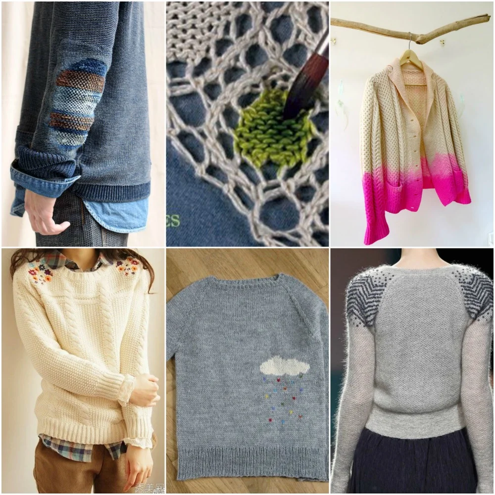Image Sources, top to bottom, left to right: elbow patch , painting dye onto knit , dip dyed cardigan , embroidered shoulders , cloud sweater , zigzag shoulders .