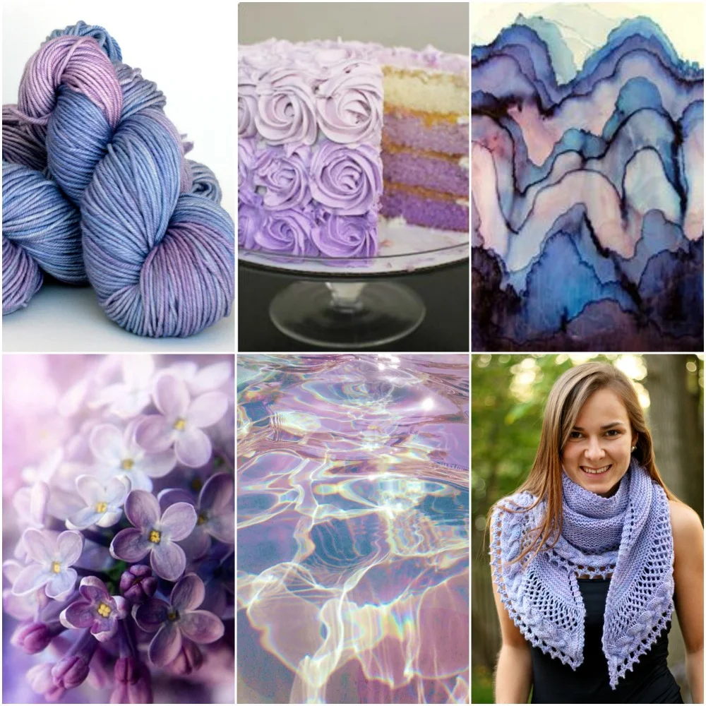 Sources: TFA Orange Label Cashmere/Silk Worsted weight in Lilac , cake , paper art , lilacs , water reflection , Lilia's French Cancan . 
