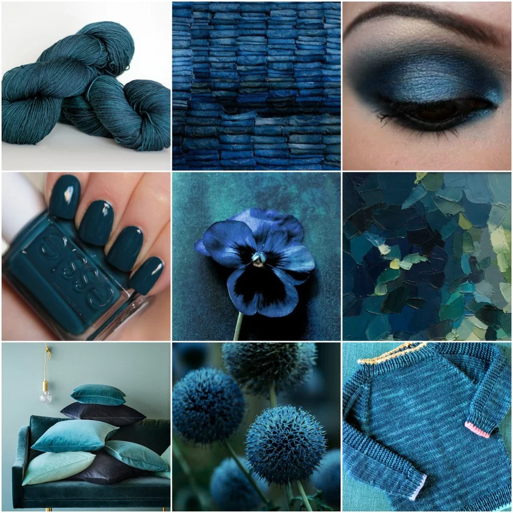 Sources: TFA Blue Label in Ravine , jeans , eyeshadow , nail polish , pansy , abstract painting , couch with cushions , puff ball flower , Ravine Flax . 