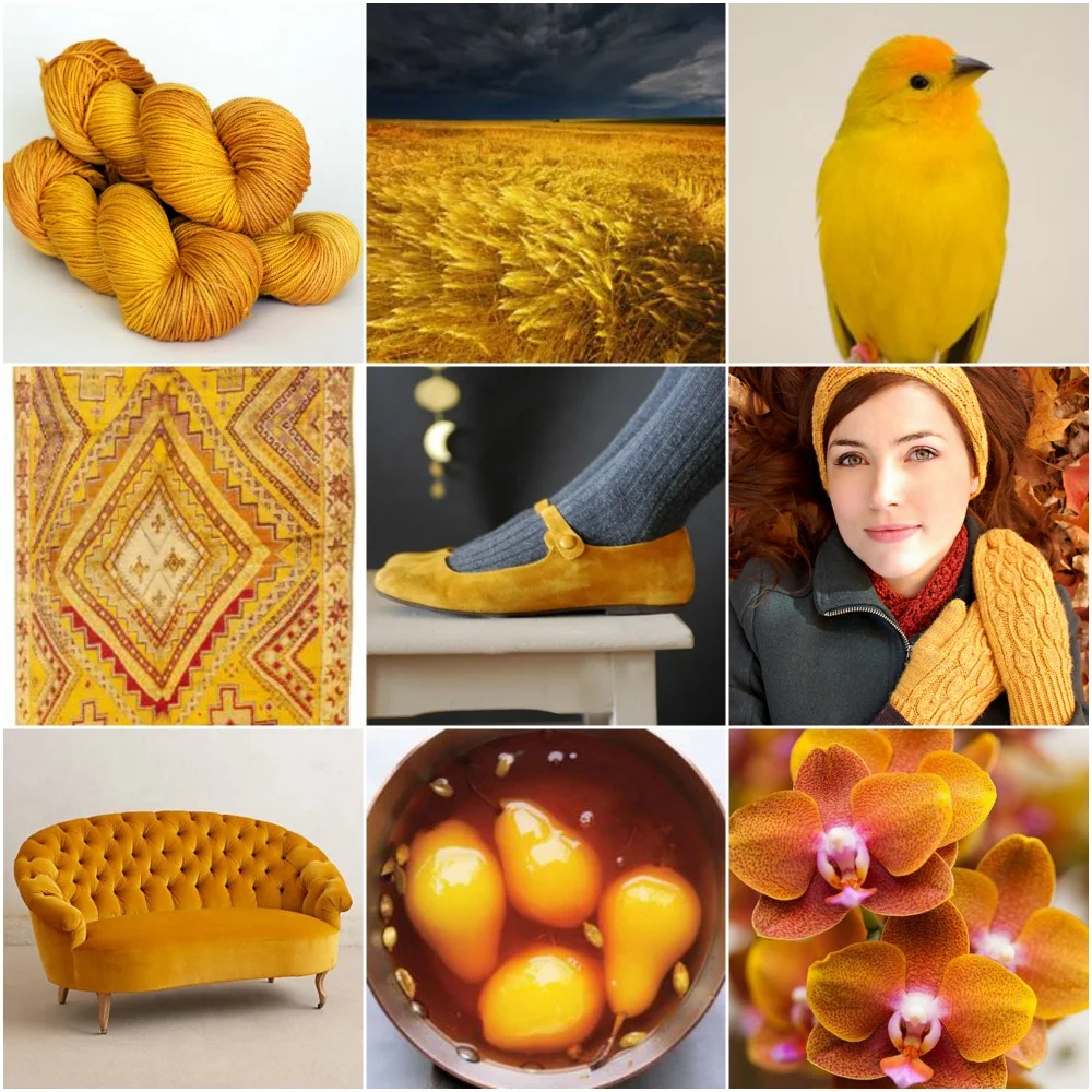 Sources: TFA Am ber Label in Saffron , wheat , finch , vintage rug , shoes , Pemba , sofa , poached pears , orchid .