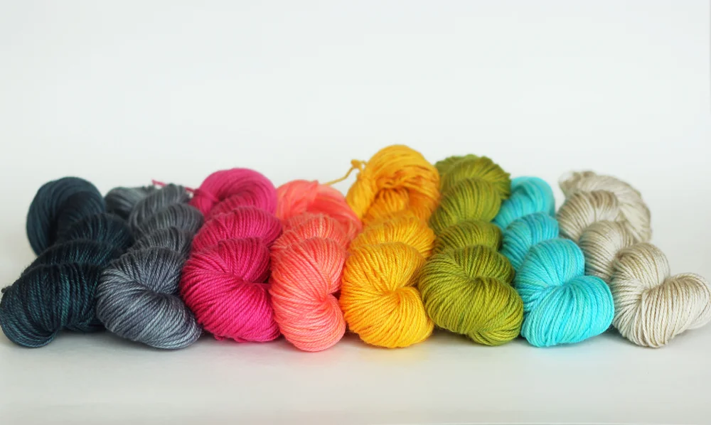 Left to right: Ravine, Slate, Orchid, Pink Grapefruit, Saffron, Chartreuse, Seabreeze & Sand. 