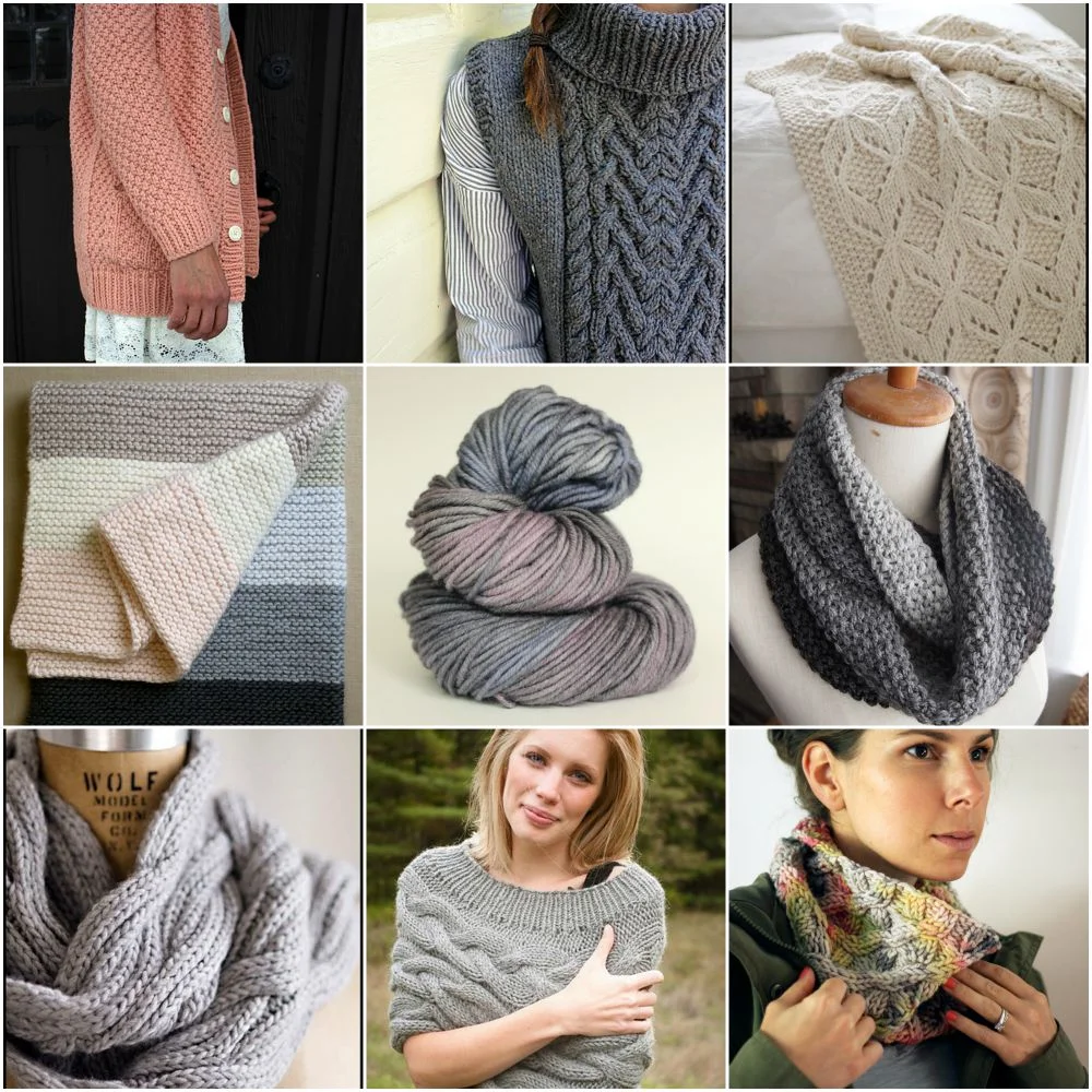 Paloma by Thea Colman , babycocktails' Stillhouse Whiskey (I will cast on for this the second the pattern is released!), U maro by Jared Flood , Super Easy Crib Blanket by Purl Soho , TFA Grey Label Merino/Alpaca Chunky in Dove, Gaptastic Cowl by Jen Geigley (project photo by OhSusannah , love that Ombré look!), Cinder by Jared Flood , Shaw Hill by Alicia Plummer , Rove Cowl by me!