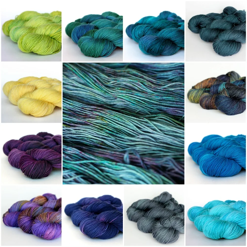 clockwise from top left: lemongrass, mallard, teal, ravine, aurora, peacock, seabreeze, slate, grape, iris, plum, buttercup.