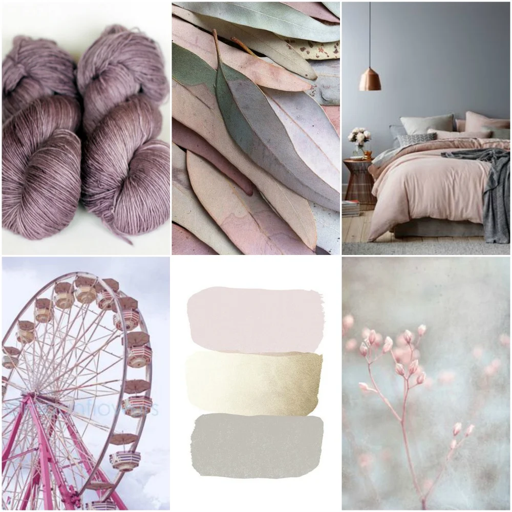 TFA Red Label in Rose Grey , feathers , bed , ferris wheel , water colour swatches , buds .