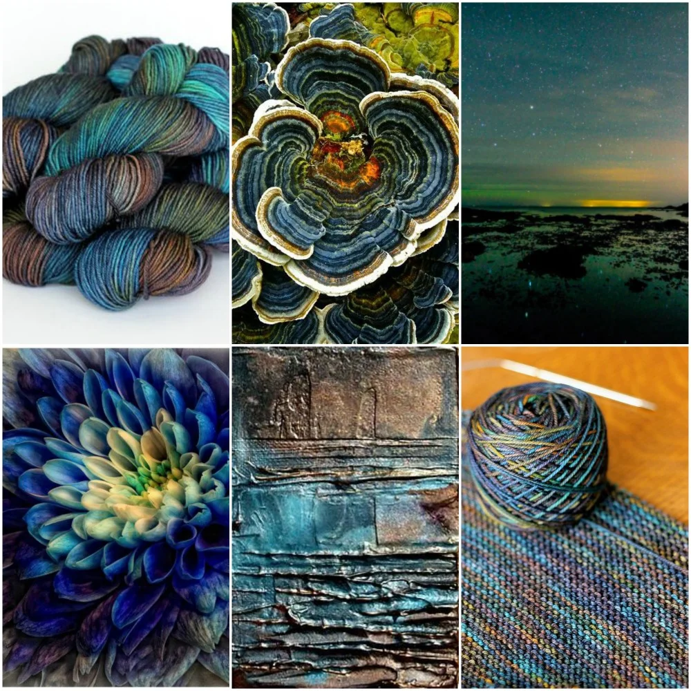 TFA Green Label in Aurora , fungi , sky at night stolen from my talented brother's instagram , flower , art on canvas , a WIP shot of my Eventide Shawl .