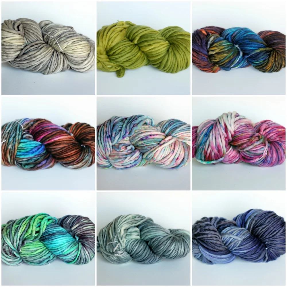 L to R, top to bottom: Sand, Chartreuse, Aurora, Tartan, Majestic, Cherry Burst, Lotus, Chris Grey, Nightshade.