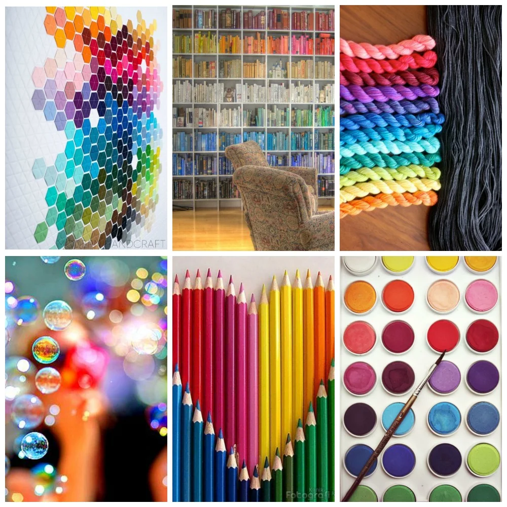 source: q uilt , bookshelves , TFA Mini Sock Yarn Skein set , bubbles , pencils , palette .
