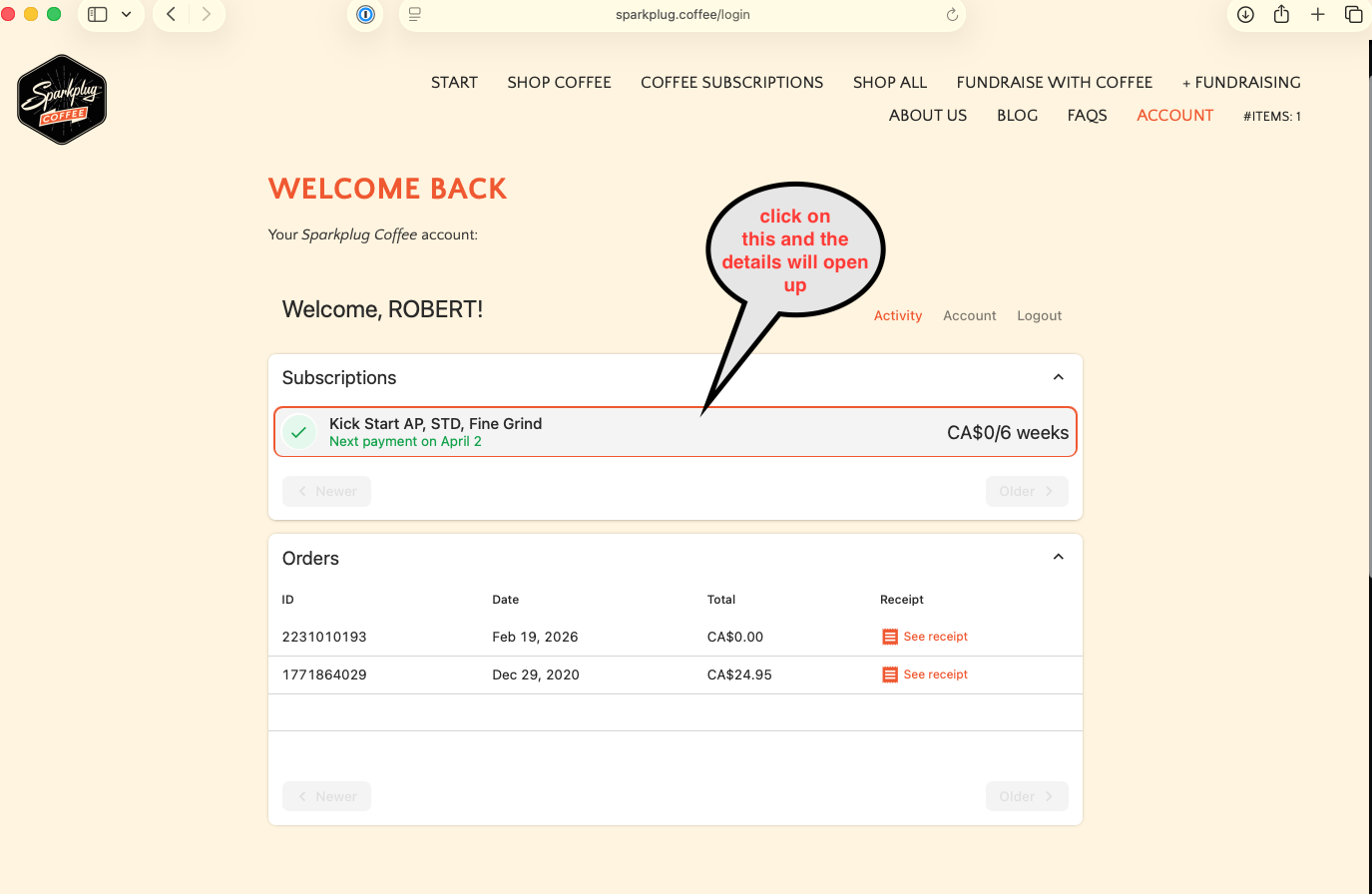 1. in Activity tab - click on the Subscription