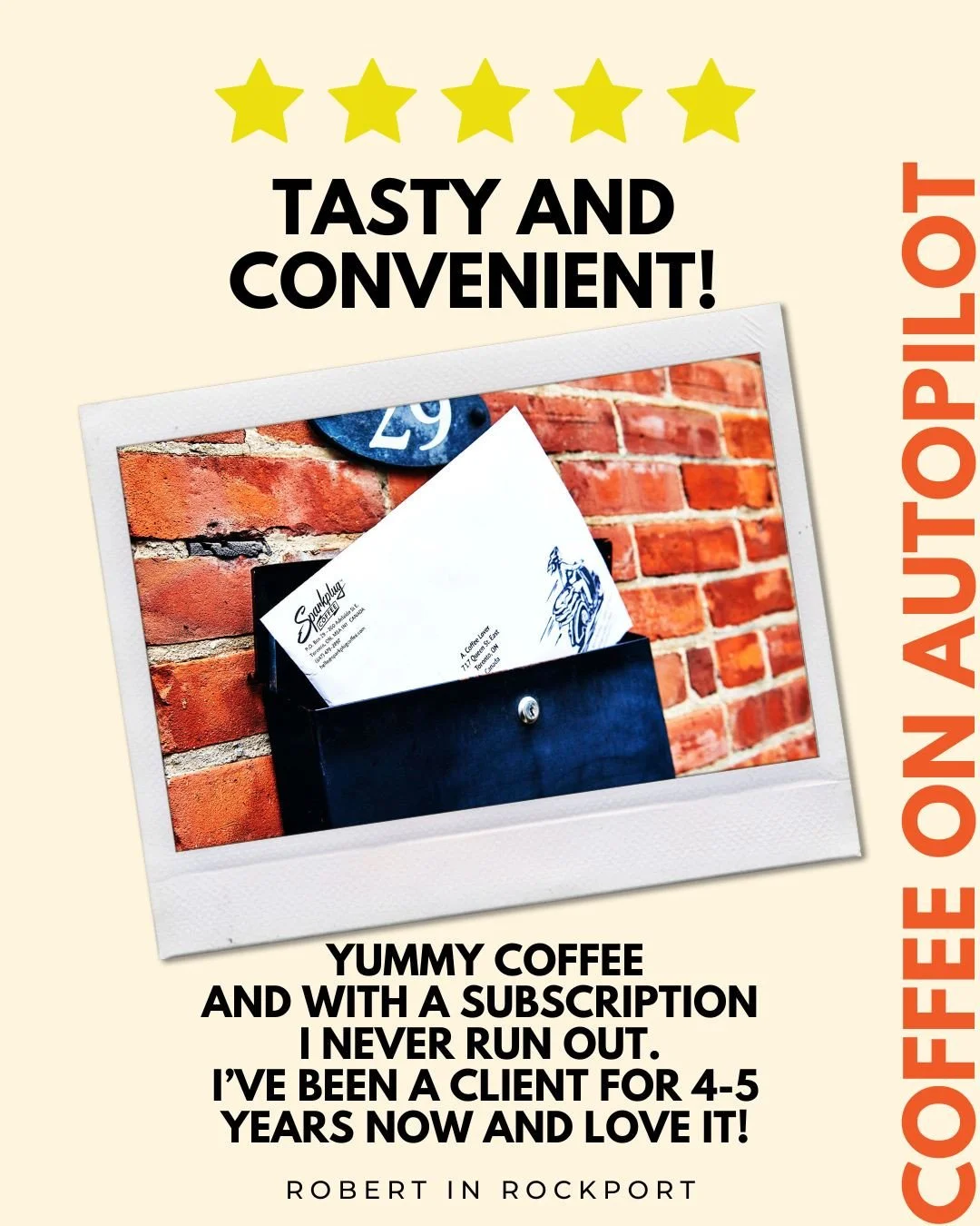 Robert in Rockport said it! "Tasty and convenient! Yummy coffee and with a subscription I never run out. I&rsquo;ve been a client for 4-5 years now and love it!"⁠
⁠
Sparkplug coffee has consistently delivered FRESH roasted coffee to our sub