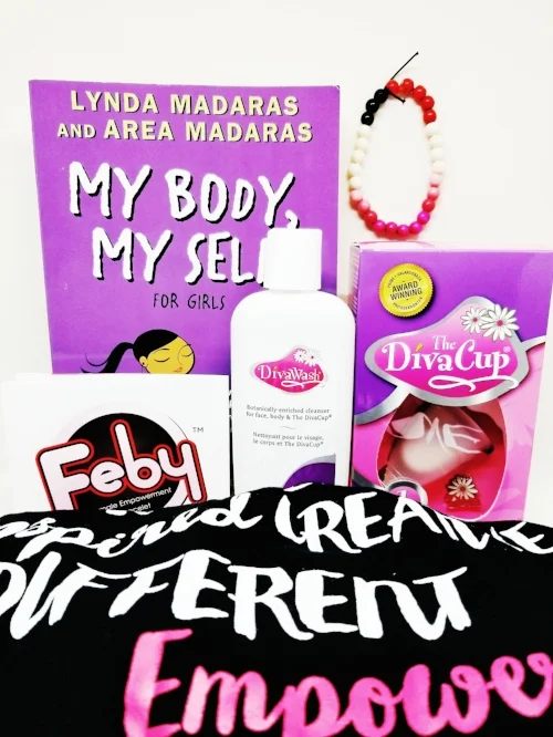 The prize includes a Feby bracelet, DivaCup & DivaWash, the puberty book 'My Body, My Self' by Lynda and Area Madaras and a large T-shirt with an empowering message on the front in support of the Canadian Women's Foundation. (approximate value $77)