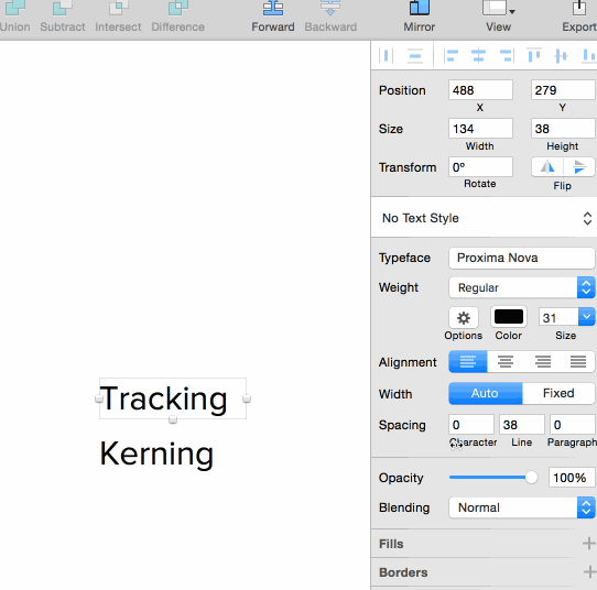 Kerning is the amount of space between two characters. Within Sketch, you can use the “Character” input field. Here’s a quick GIF of how to change tracking and kerning: