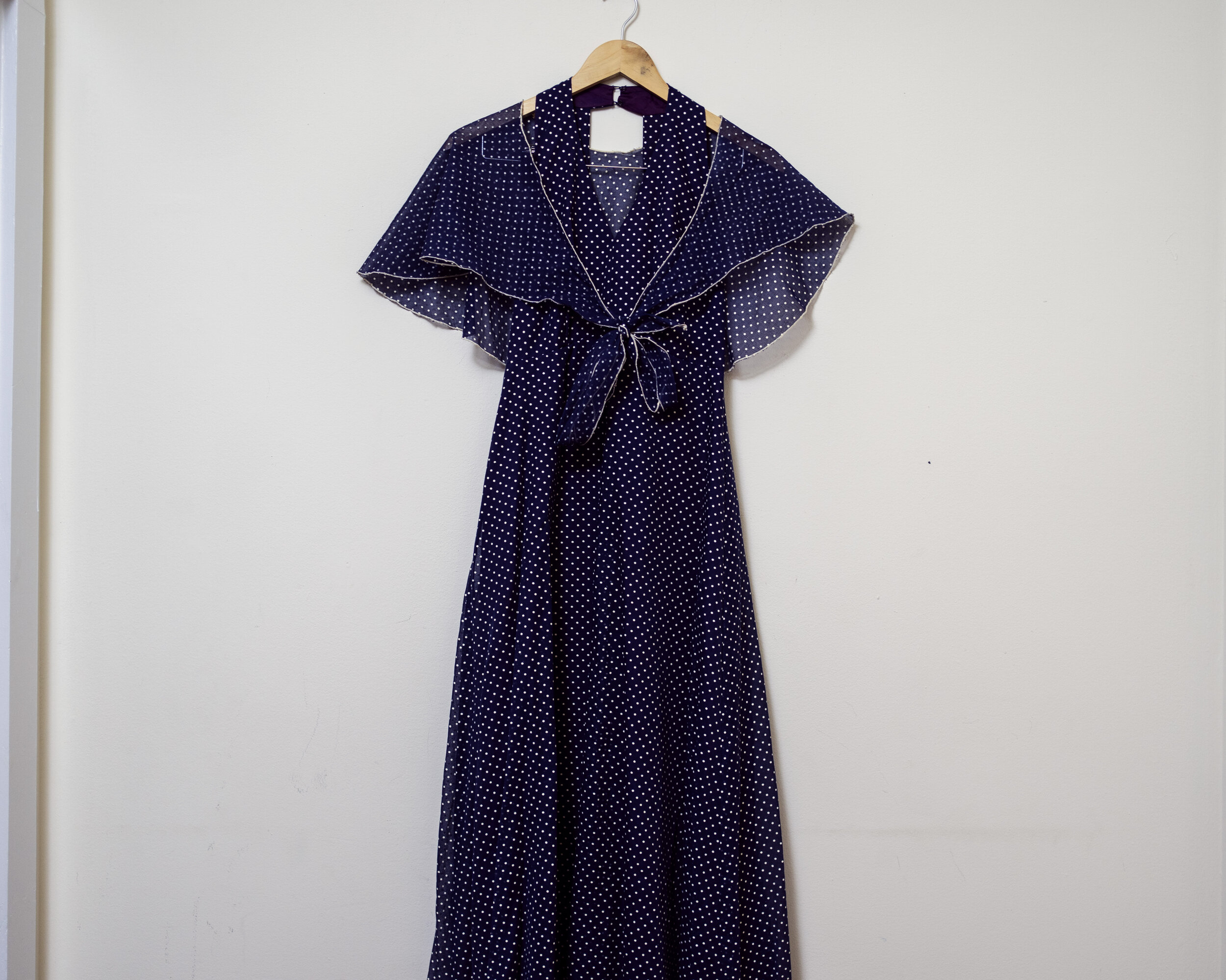 Vintage White Polka Dot Tea Length Navy Blue Dress