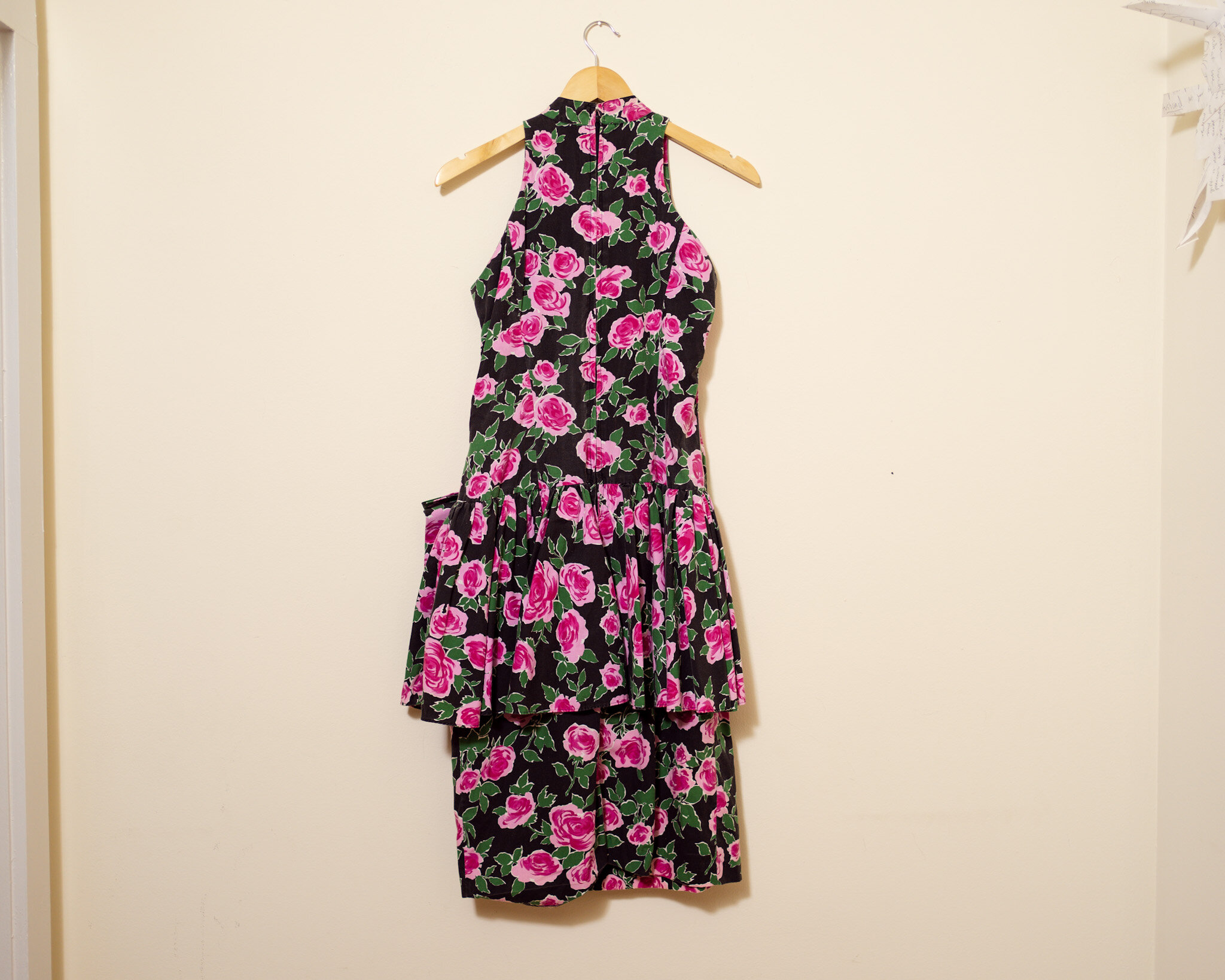 1980s Halter Peplum Ruffle Dress With Pink Roses and Oversized Bow