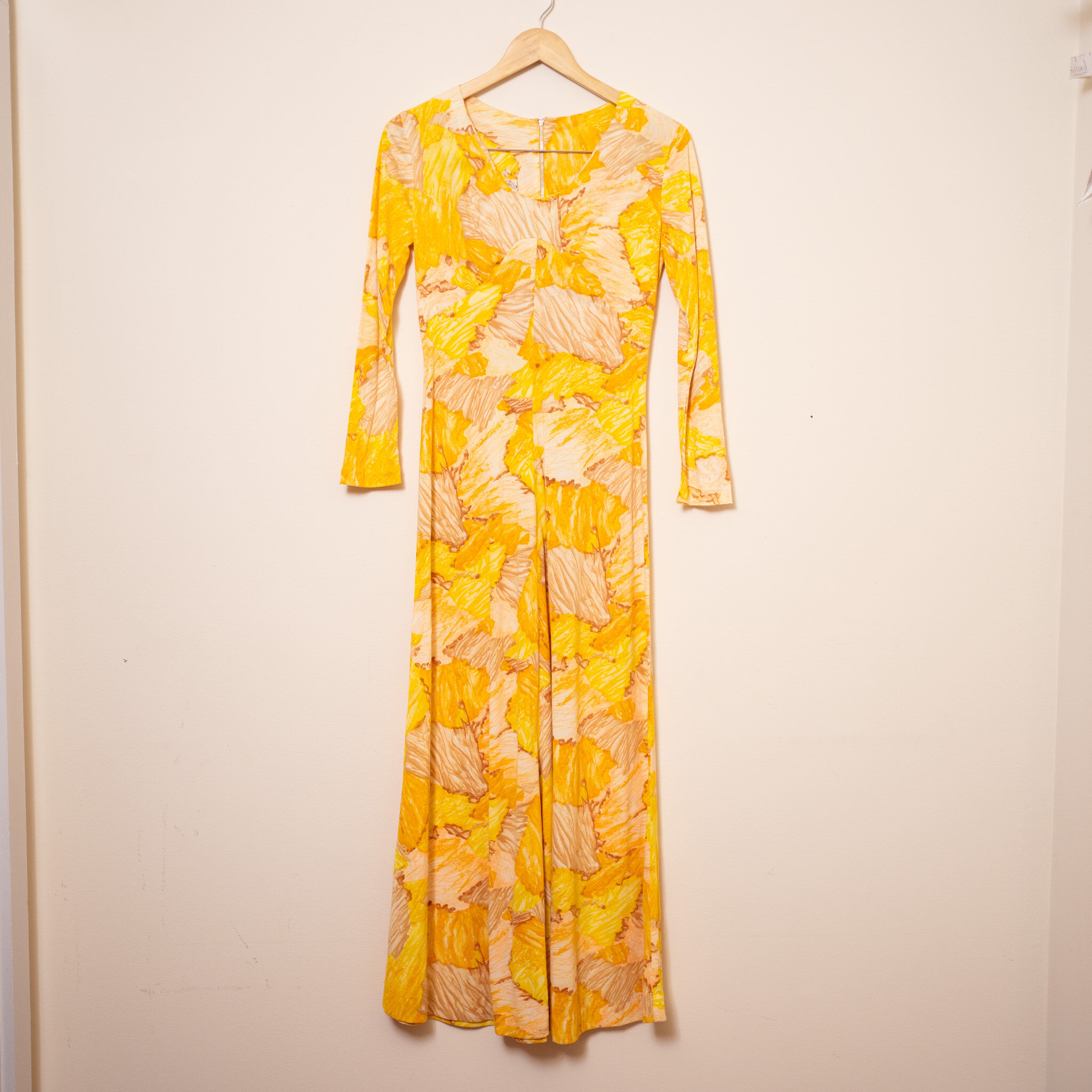 1970s Long Sleeve Yellow Hippie Chic Vintage Floral Dress