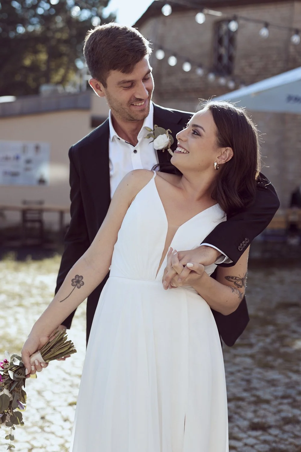 Portrait of happy bride and groom.