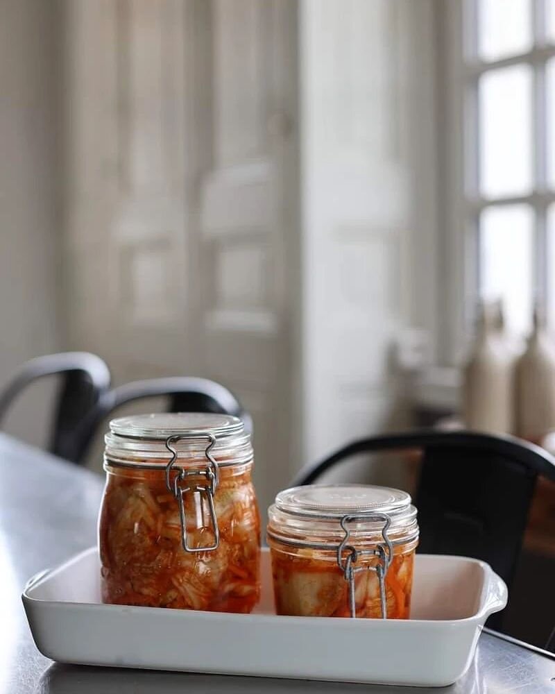 Last week I finished off our last jar of kimchi and knew it wouldn't be long before I would be craving more. Kimchi is a type of traditional, slightly spicy Korean sauerkraut made from fermented vegetables; usually napa cabbage, daikon radish, and ca