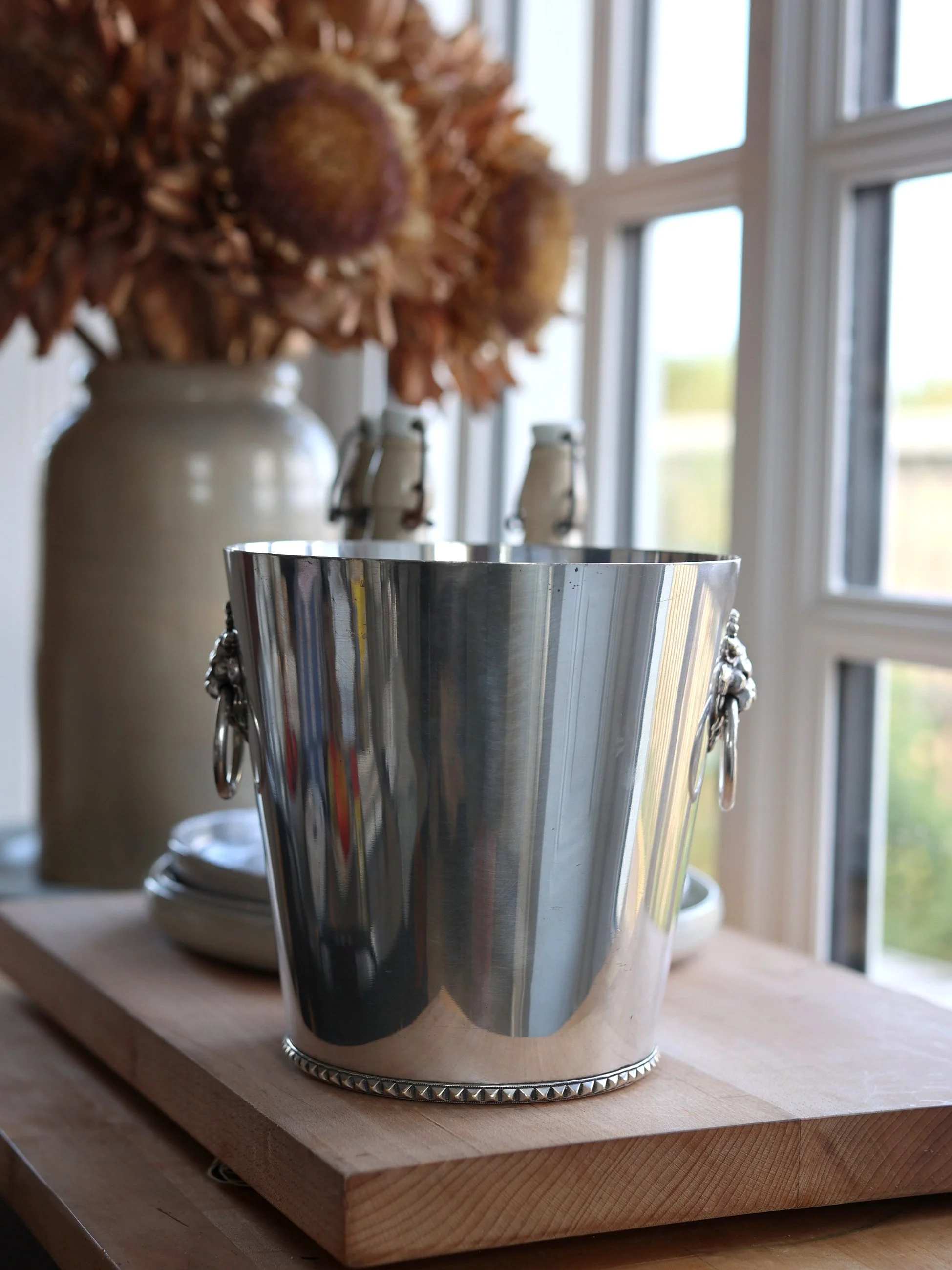 Vintage Silver Ice Bucket with Lion’s Head Handles