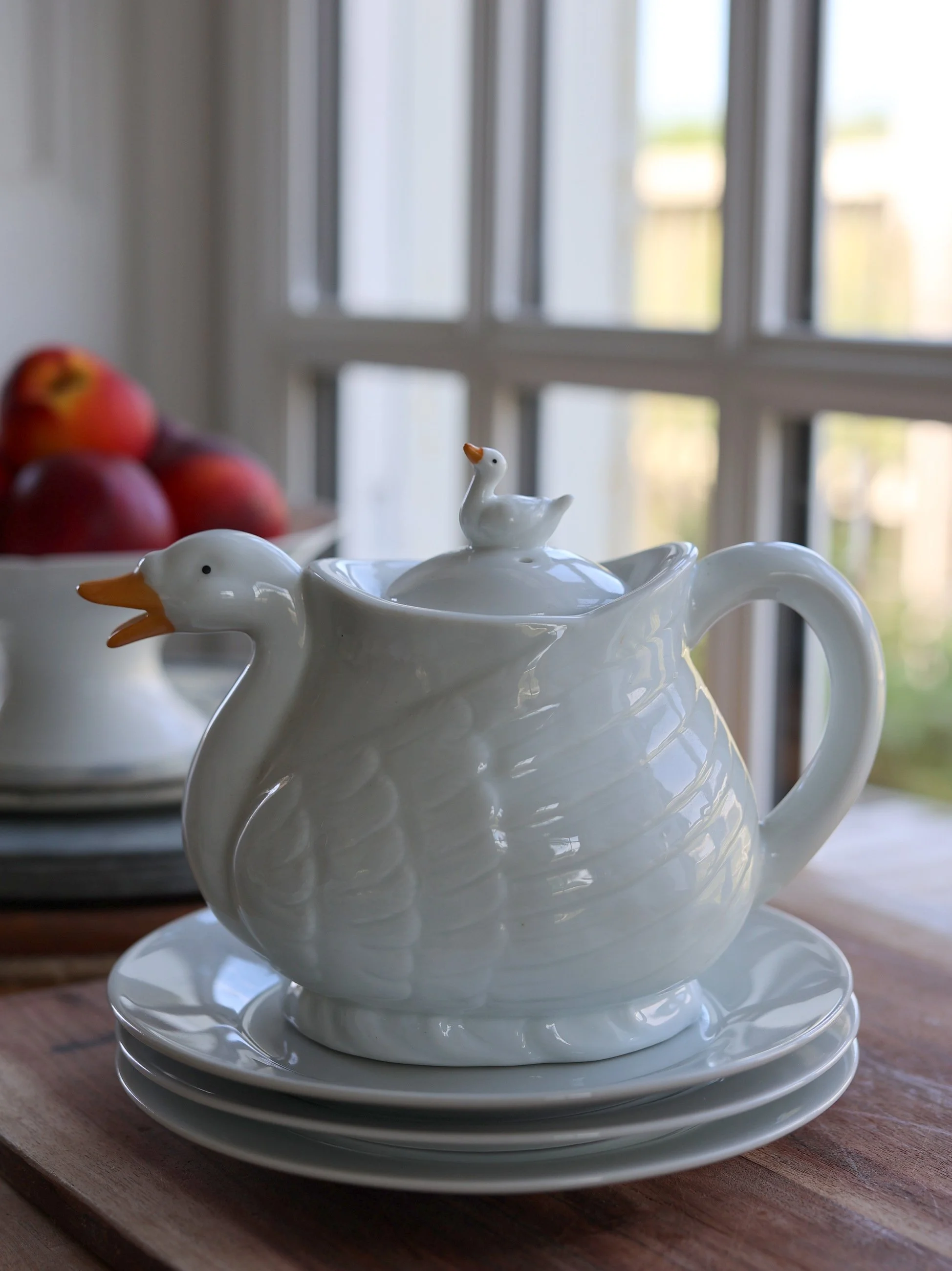 Vintage Porcelain Goose Teapot with Gosling Lid
