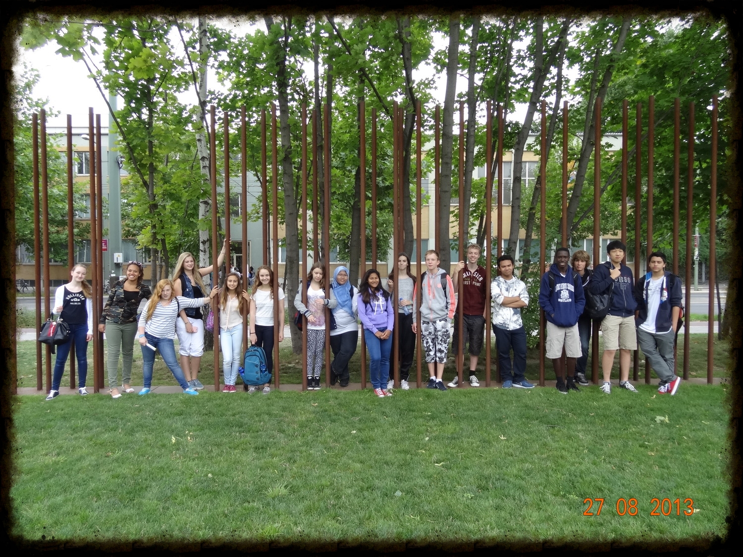 Students from this school year's trip week to Berlin at a location along the former wall.