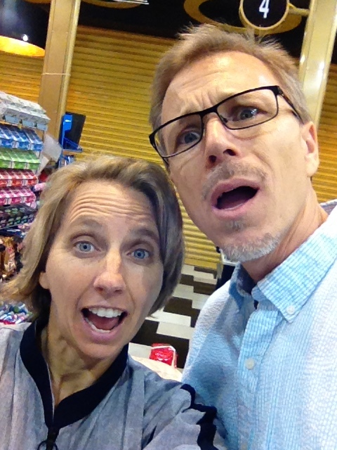 My husband and I locked inside the grocery store during prayer time. Being silly about it.
