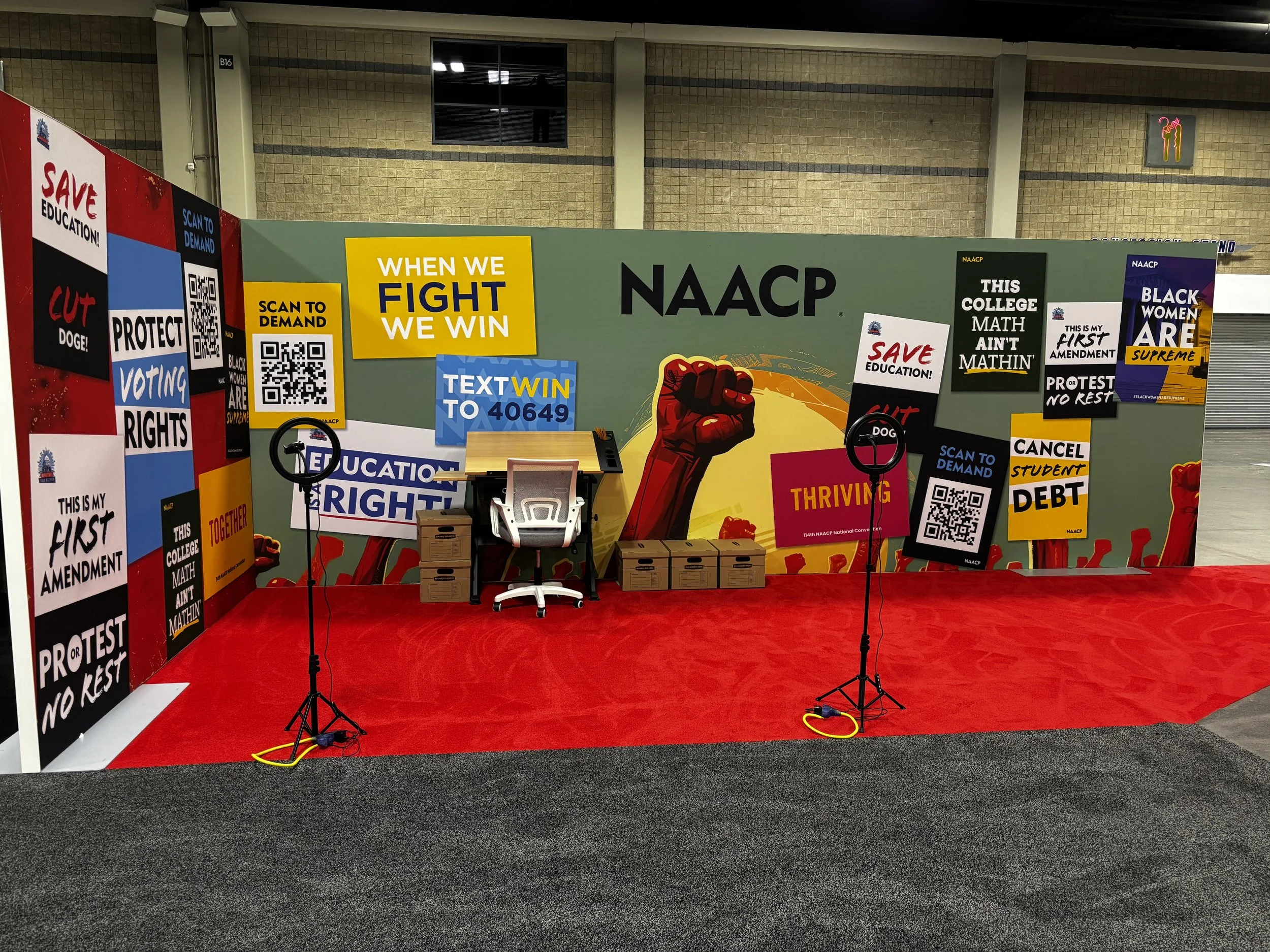  An extension of the podcast and interview area,  Protest Headquarters  paid tribute to the NAACP’s historic legacy of activism and social justice. The space was visually anchored by the iconic raised fist of protest, surrounded by reproduced vintage