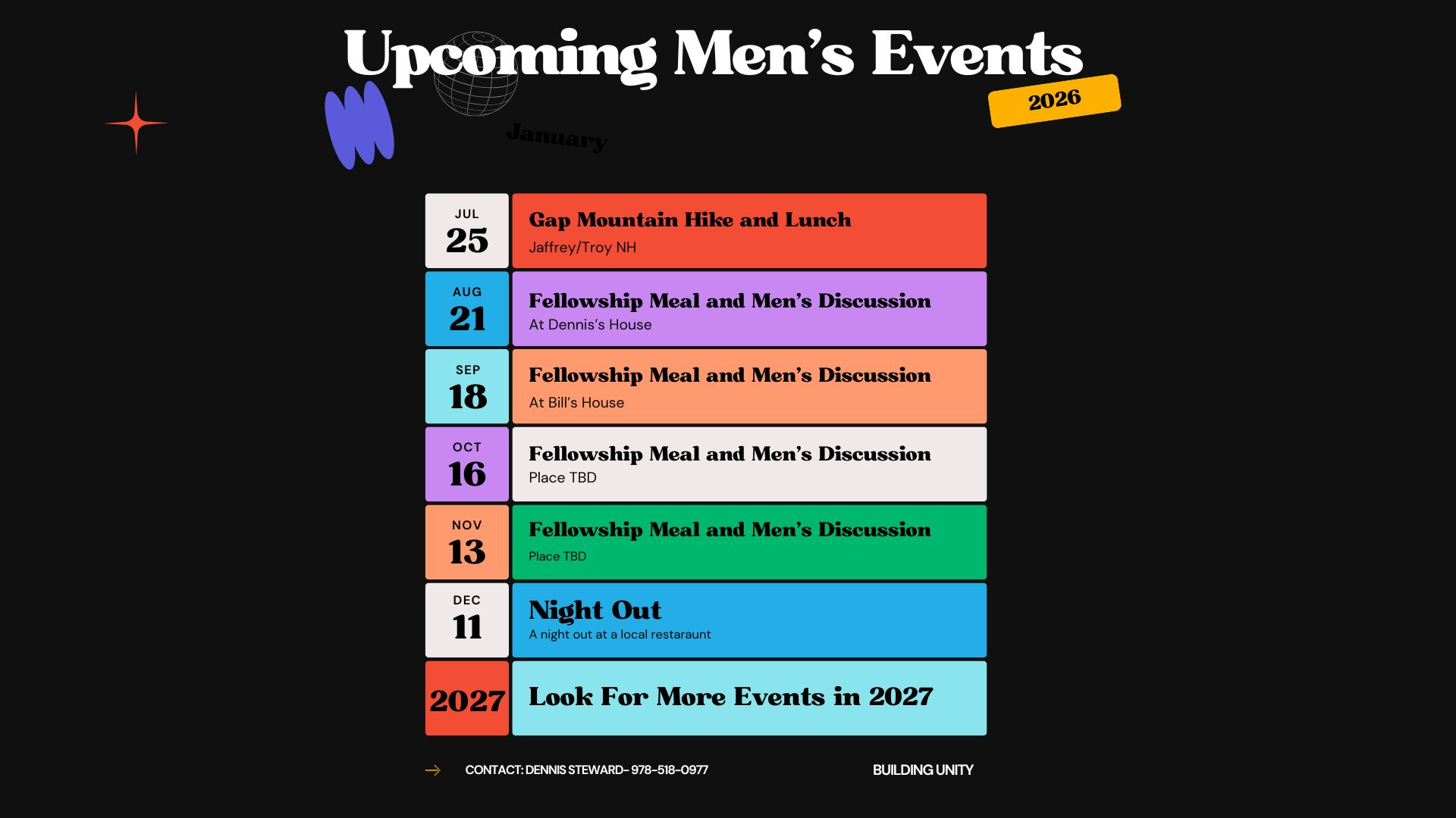 Colorful list of men's events from July to December 2026