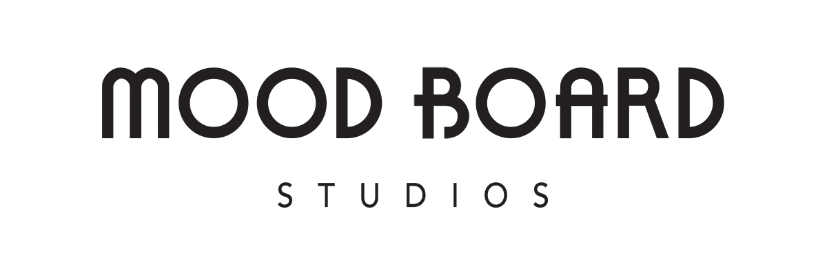 Black and white logo for Mood Board Studios with stylized text.