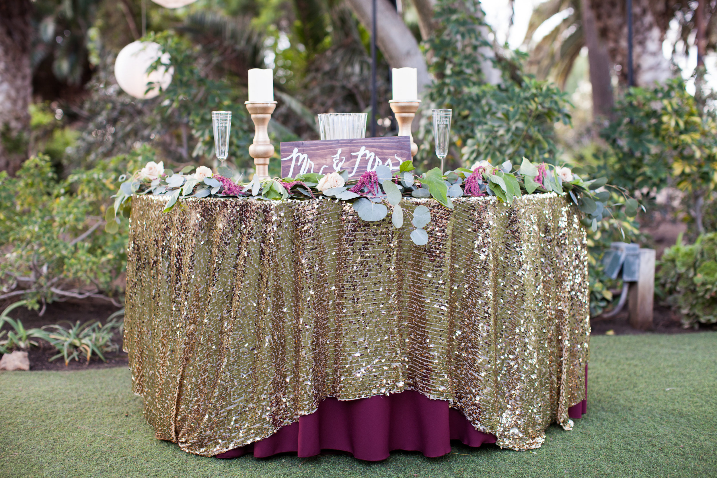 Burgundy & Gold sweetheart table by Down Emery Lane