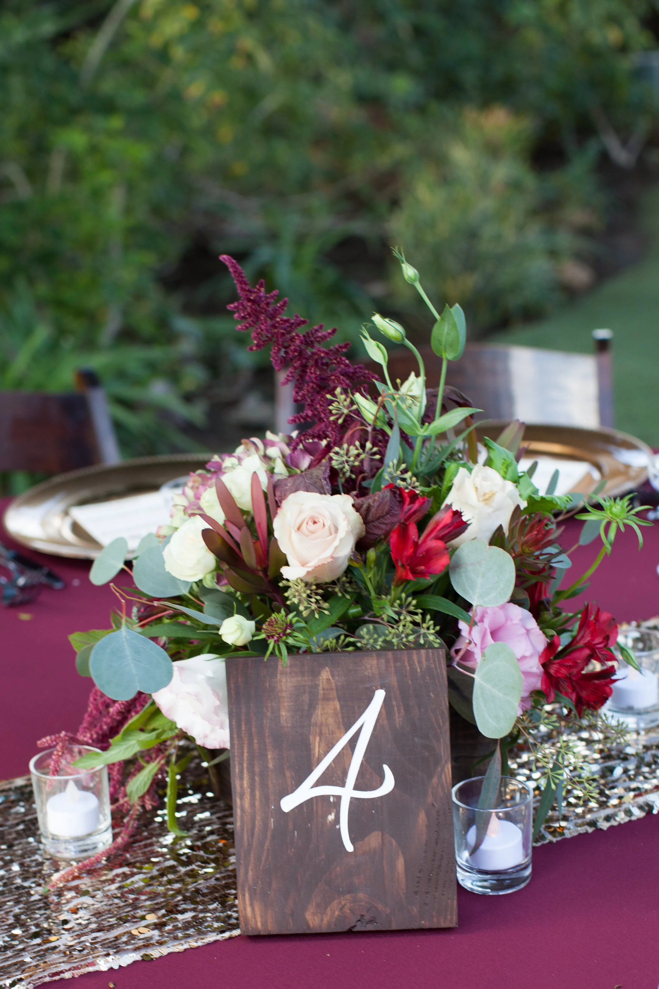 Burgundy and blush wooden box centerpieces by Down Emery Lane.