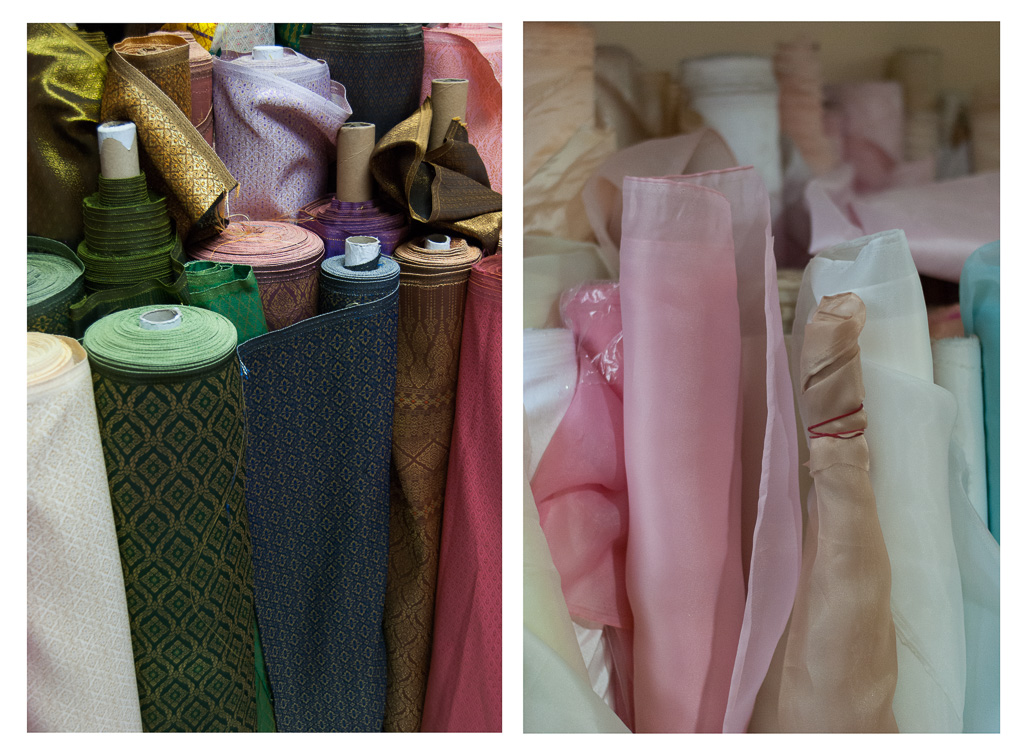 Rolls of Thai silk versus fabric for white gowns, Chokdee Fabric Shop, Nakhon Si Thammarat City