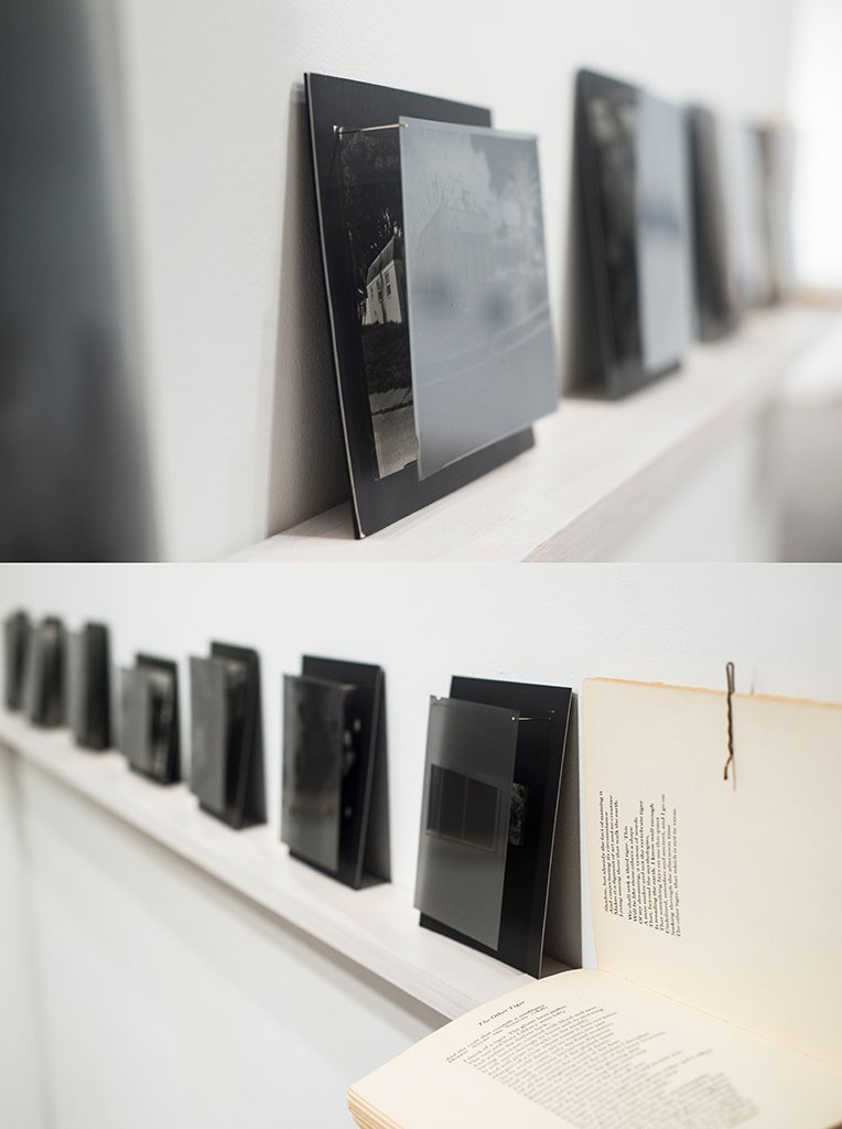  suite of seven 4x5" negatives and silver gelatin contact prints (negatives pinned through prints, prints mounted to archival board);  Dreamtigers  (book of poems by Jorge Luis Borges), bobby pin 