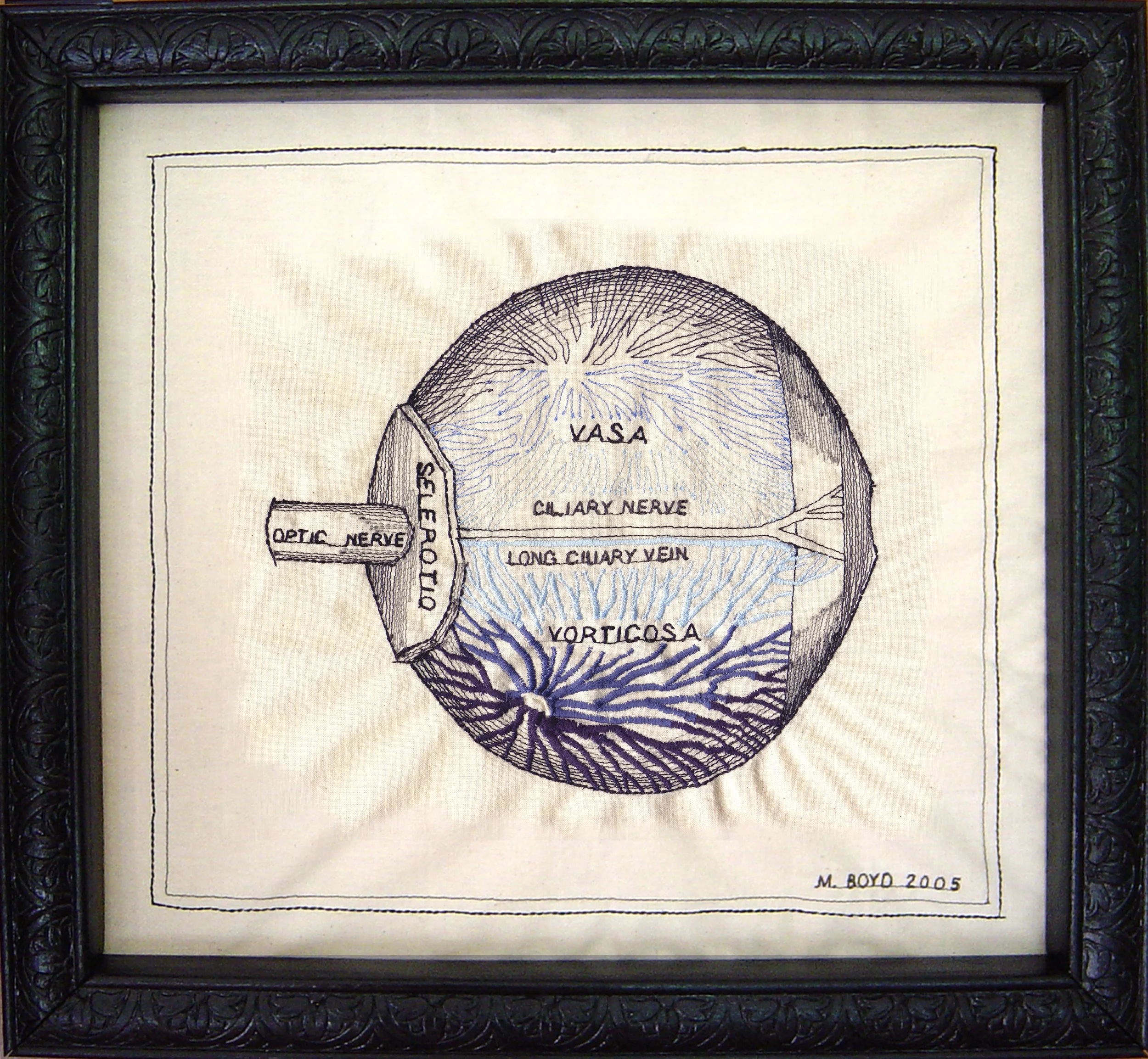   Anatomy of the Eye   thread on muslin  14” x 15 1/2”   machine &amp; hand sewn 