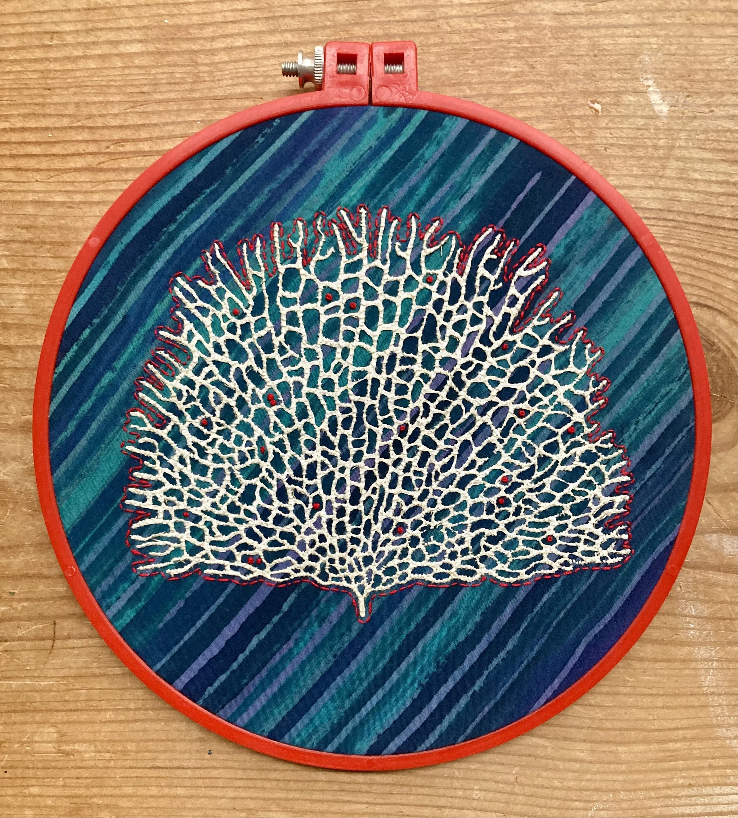   Gorgonian Coral   up-cycled fabric and thread, second hand hoop  9” x 9”  hand sewn 