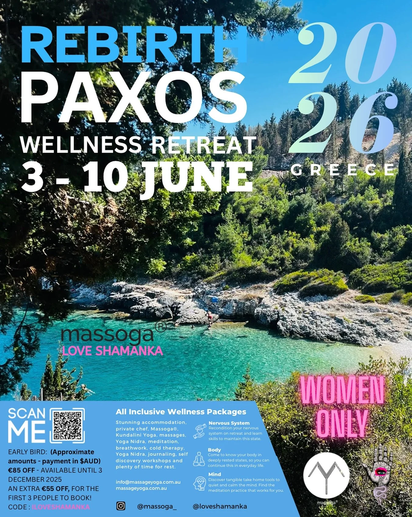 Women&rsquo;s Retreat in Paxos, Greece 🇬🇷 2026
8 days to rest, recharge, and reconnect with your wild, radiant self. Kundalini yoga, massage yoga, creative workshops and yummy juicy Paxos fun!! 

Early Bird ends Dec 3rd, use code ILOVESHAMANKA for 